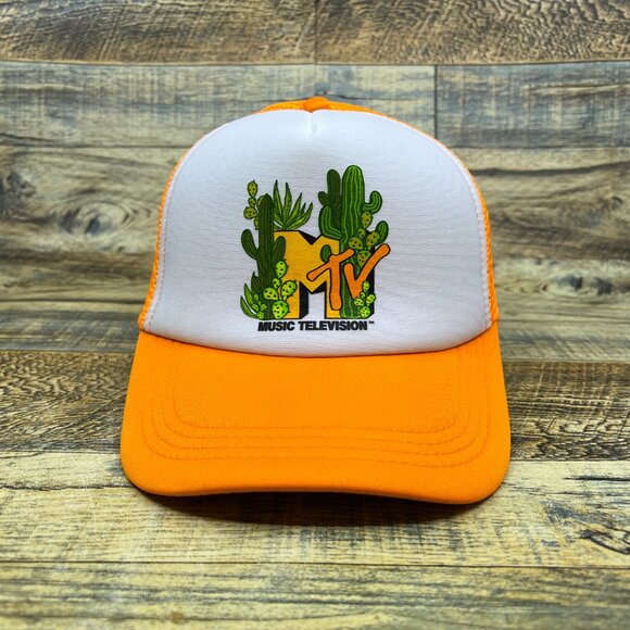 MTV Cactus Logo Mens Trucker Hat Orange Snapback Retro 90s Music TV Baseball Cap - Picture 2 of 7